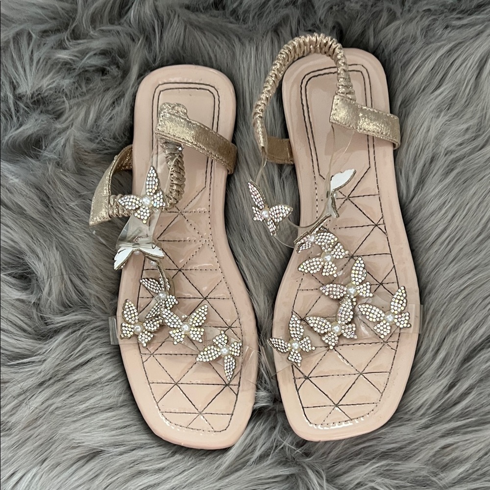 EUC Embellished Butterfly T-Strap Sandals in Nude/Gold sz 36
